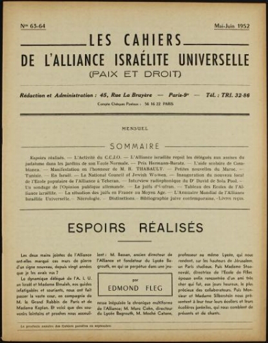 Les Cahiers de l'Alliance Israélite Universelle (Paix et Droit).  N°63-64 (01 mai 1952)